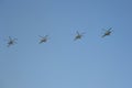 Rehearsal of the Victory Day celebration WWII. The airshow on the Red Square. ÃÂ group of Mil Mi-24 Hind attack and landing hel Royalty Free Stock Photo